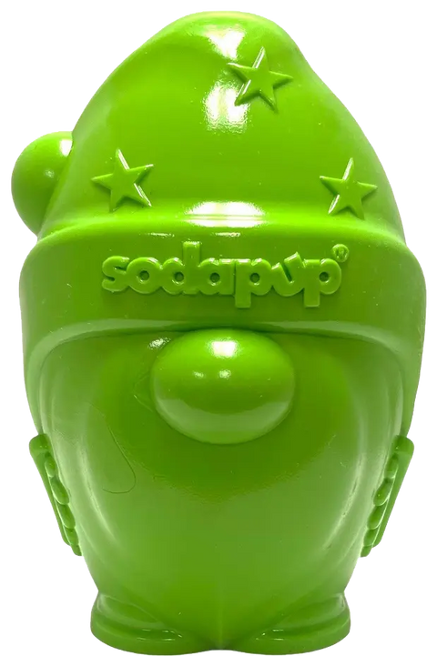 The SodaPup Gnome Durable PUP-X Rubber EDispenser is a bright green, egg-shaped chew toy for dogs with star details and a large nose. It serves as both a durable chew toy and a fun treat dispenser.
