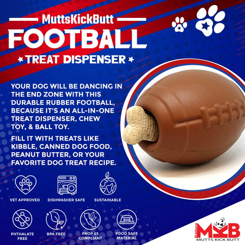 Advertisement for SodaPup Football EDispenser—this durable rubber chew toy doubles as a treat dispenser and slow feeder. Shaped like a football, its vet approved, dishwasher safe, BPA free, and perfect for healthy, fun play!.