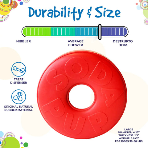 The SodaPup Life Ring EDispener is a red, circular rubber chew toy and treat dispenser for large dogs. Durable and DESTRUKTO DOG! rated, it helps reduce problem behaviors and is made from natural rubber for safe play.