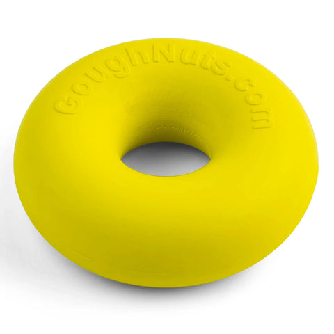 The Goughnuts Small Ring, a bright yellow rubber donut-shaped dog toy for dogs 10-40 pounds, features GoughNuts.com embossed on the surface. Durable and proudly made in the USA.