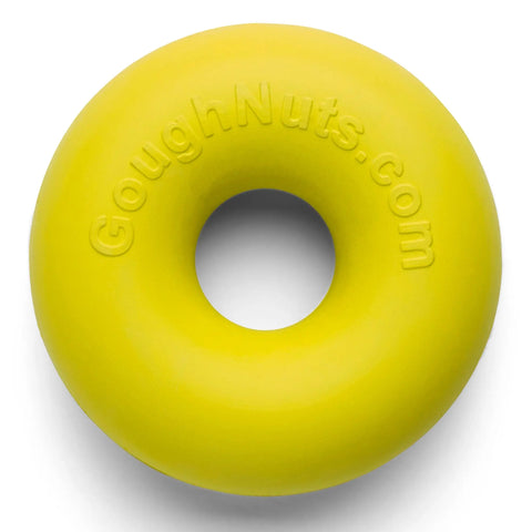 The Goughnuts Small Ring is a bright yellow, donut-shaped dog toy for dogs 10-40 lbs, featuring GoughNuts.com embossed on its smooth, durable surface and a large center hole. Made in the USA.