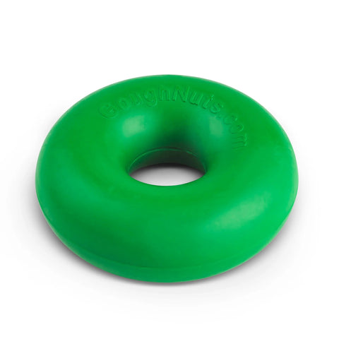 The Goughnuts Small Ring Dog Toy (for dogs 10–40 lbs) is a green, donut-shaped rubber toy with “GoughNuts.com” on top—durable and proudly made in the USA.