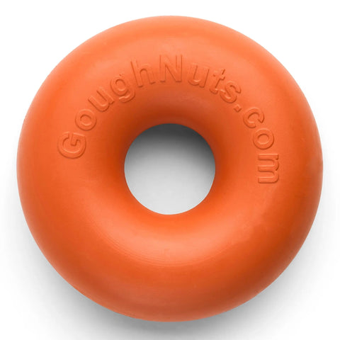 The Goughnuts Small Ring (Dogs 10-40 Pounds) is an orange, doughnut-shaped dog toy made of durable rubber with Goughnuts.com embossed on it. Proudly made in the USA and built to last through countless play sessions.