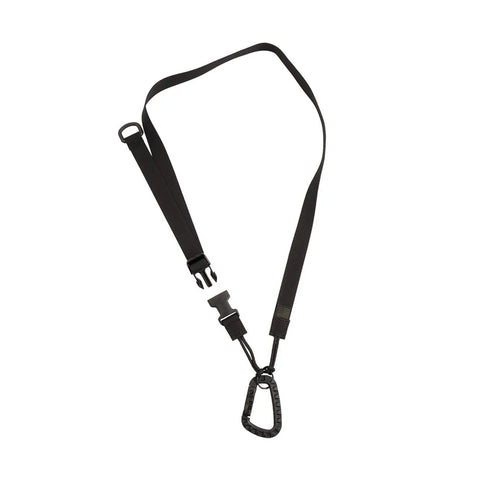 The MIS Tactical Key Strap - Black features an adjustable MIL-SPEC nylon strap, plastic buckle, and a large carabiner clip for carrying keys or tools.