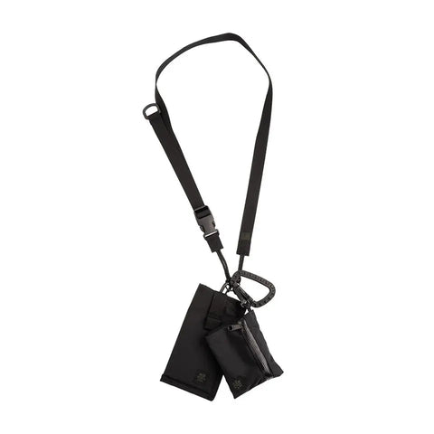 The MIS Tactical Key Strap - Black is shown against a white background. It features an adjustable strap, carabiner clip, one zippered pouch, and one open-top pouch.