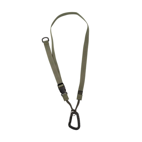 The MIS Tactical Key Strap - Olive is made from MIL-SPEC nylon, with an adjustable strap, metal carabiner clip on one end, and a metal loop on the other for secure carrying.