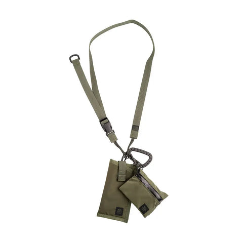 The MIS Tactical Key Strap - Olive features durable MIL-SPEC nylon webbing, two attached pouches (zippered and flap), an adjustable strap, black clip, and keyring—perfect for tactical everyday carry.