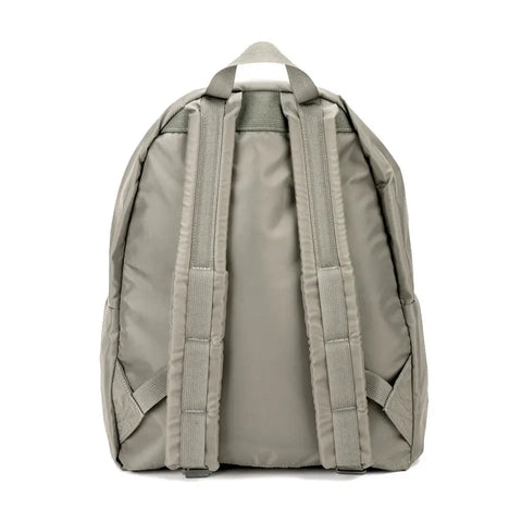 The MIS Daypack - Foliage is a gray nylon backpack with padded shoulder straps, a top handle, reinforced side stitching, and a water-resistant, smooth, slightly shiny finish shown from the back.