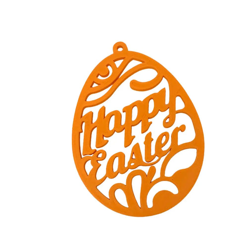 The FRESHe Easter Wall Hanger by Chatelet Manufacturing is a 3D printed, orange, egg-shaped ornament with cut-out patterns and Happy Easter in stylized script—ideal as a festive wall sign against a plain white background.