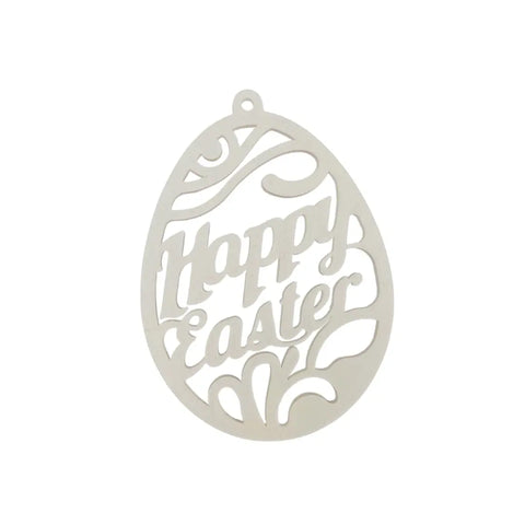 The FRESHe Easter Wall Hanger by Chatelet Manufacturing is an off-white 3D printed ornament shaped like an Easter egg, featuring cut-out patterns, Happy Easter in cursive, and a top loop for easy hanging.