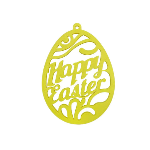 The FRESHe Easter Wall Hanger by Chatelet Manufacturing is a yellow, egg-shaped ornament with cutouts and Happy Easter in cursive—perfect as a festive wall sign or 3D printed Easter decor for your home.
