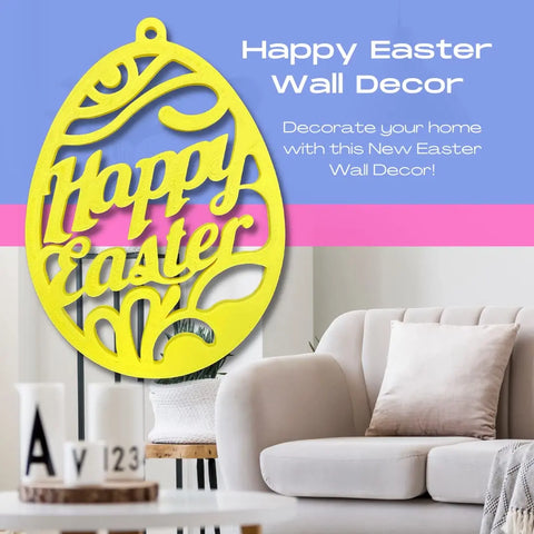 A living room features a white couch with pillows and decor, plus a large yellow FRESHe Easter Wall Hanger by Chatelet Manufacturing. Add festive flair to your space with this 3D printed Easter decoration!.