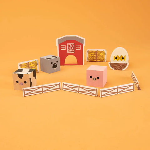 Eco-Friendly Farm Animal Playset – 1.75 Inch Wooden Blocks with Barn & Fence | Made in USA by Uncle Goose Uncle Goose  Cubelings
