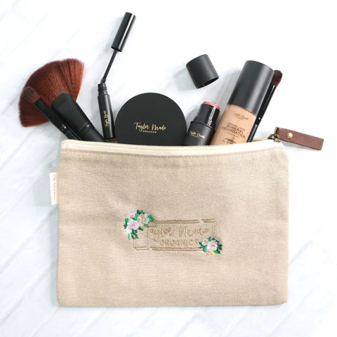 Eco-Friendly Makeup Bag 9 Inch Natural Cotton Jute Organizer – Genuine Leather Zipper Pull | Made in USA Taylor Made Organics  cosmetic bag
