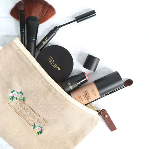 Eco-Friendly Makeup Bag 9 Inch Natural Cotton Jute Organizer – Genuine Leather Zipper Pull | Made in USA Taylor Made Organics  cosmetic bag