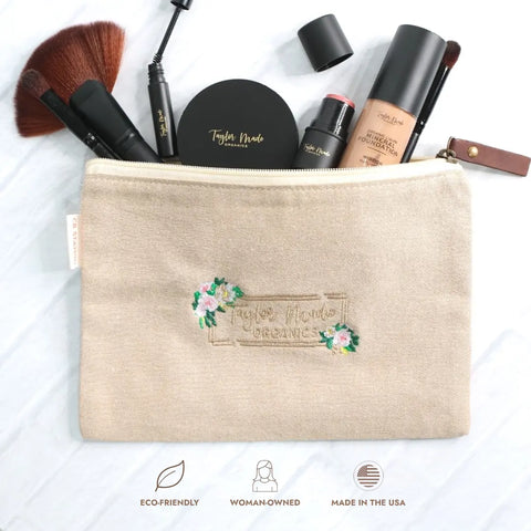 Eco-Friendly Makeup Bag 9 Inch Natural Cotton Jute Organizer – Genuine Leather Zipper Pull | Made in USA Taylor Made Organics  cosmetic bag