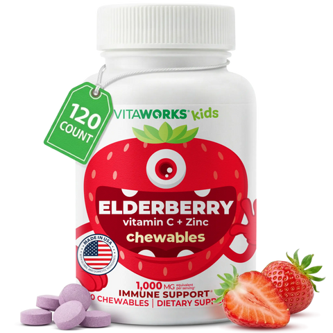 Elderberry Immune Support Chewable Vitamins for Kids – Vitamin C and Zinc Blend – 120 Count | Made in USA VitaWorks  Chewable