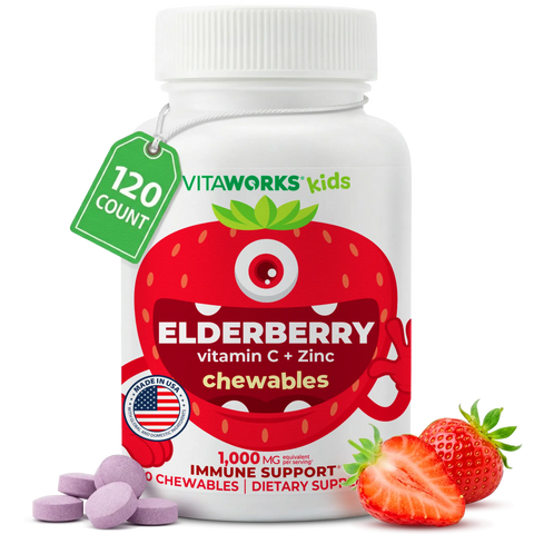 Elderberry Immune Support Chewable Vitamins for Kids – Vitamin C and Zinc Blend – 120 Count | Made in USA VitaWorks  Chewable