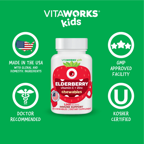 Elderberry Immune Support Chewable Vitamins for Kids – Vitamin C and Zinc Blend – 120 Count | Made in USA VitaWorks  Chewable