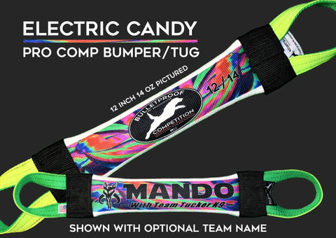 Two colorful Dock Diving Bumper Tug - Competition Series Weighted – Electric Candy toys by Bulletproof Pet Products Inc are shown. One has a swirl pattern with BULLETPROOF COMPETITION, the other says MANDO With Team Tucker K9.