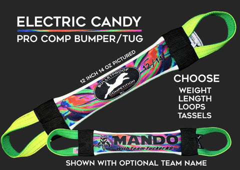 Two images of Bulletproof Pet Products Inc’s Dock Diving Bumper Tug—Competition Series Weighted—Electric Candy, a vibrant dog training toy with neon green loops. 12 14 oz model shown. Customizable weight, length, loops, and optional team name.