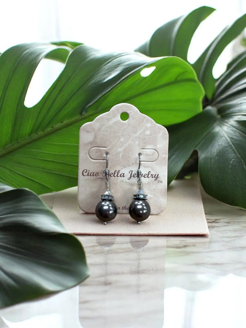 Elegant Round Austrian Crystal Pearl Drop Earrings – Lightweight Design – Dark Pink & Black-Gray Options | Made in USA Michelle Marie Boutique  Earrings