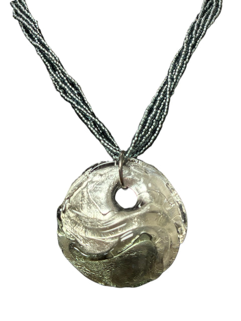 Elegant Silver and Gray Murano Glass Circle Pendant With Navy Blue Multi-Strand Beads Michelle Marie Boutique  Necklaces