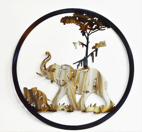 Elephant and Calf Metal Wall Art – Rustic Animal Decor | Handmade Circle Sculpture Made in USA Knights Home Decor  item
