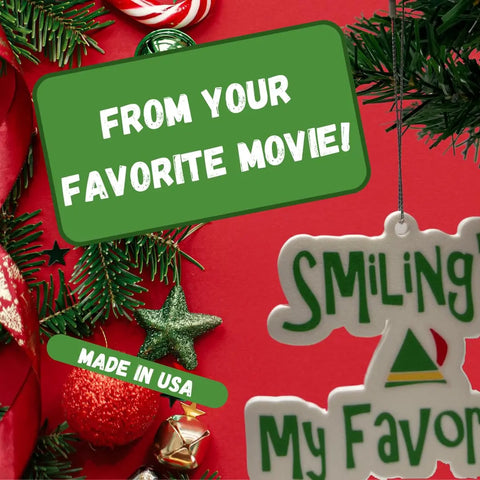 Celebrate the holidays with Chatelet Manufacturings Elf Christmas Ornament—featuring festive Buddy the Elf sayings and holiday designs on a red background. Made in USA.