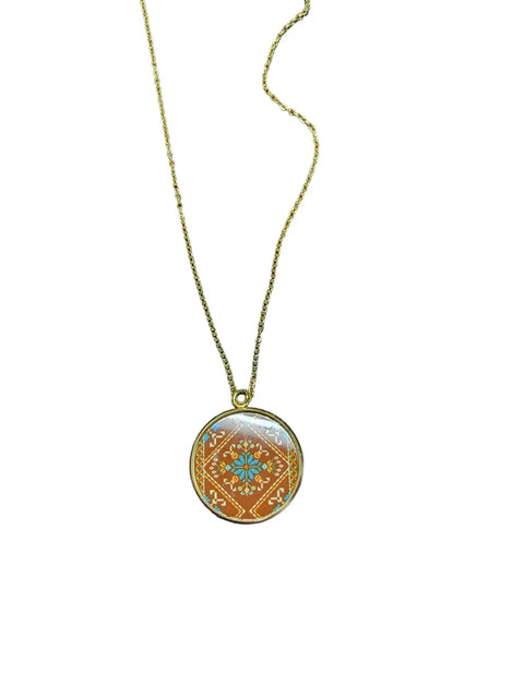 Embroidered Pattern Glass Pendant Necklace – 18 Inch Chain – Stainless Steel Setting | Made in USA Jewelry Gift Michelle Marie Boutique  Jewelry