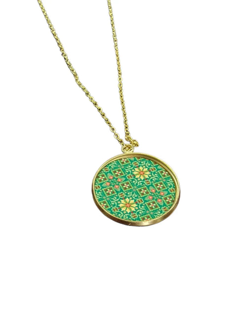 Embroidered Pattern Glass Pendant Necklace – 18 Inch Chain – Stainless Steel Setting | Made in USA Jewelry Gift Michelle Marie Boutique  Jewelry