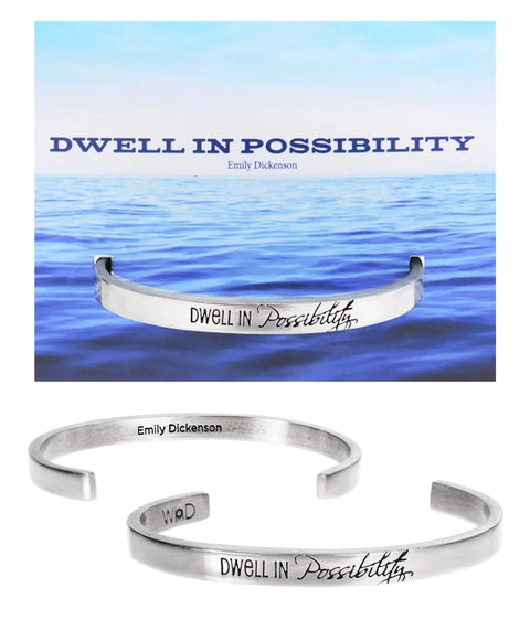 Emily Dickinson Dwell in Possibility Inspiring Quote Cuff Bracelet – Brushed Pewter Finish | Made in USA Whitney Howard Designs  Cuff Bracelets