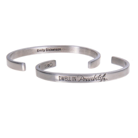 Emily Dickinson Dwell in Possibility Inspiring Quote Cuff Bracelet – Brushed Pewter Finish | Made in USA Whitney Howard Designs  Cuff Bracelets