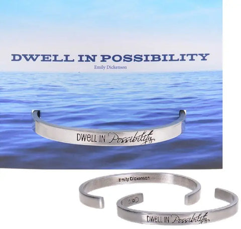 Emily Dickinson Dwell in Possibility Inspiring Quote Cuff Bracelet – Brushed Pewter Finish | Made in USA Whitney Howard Designs  Cuff Bracelets