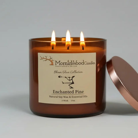 Enchanted Pine 17 Oz 3-Wick Soy Candle – Hand-Poured Blown Glass Jar | Made in USA Home Fragrance MorninWood Candles  3 Wick Candle