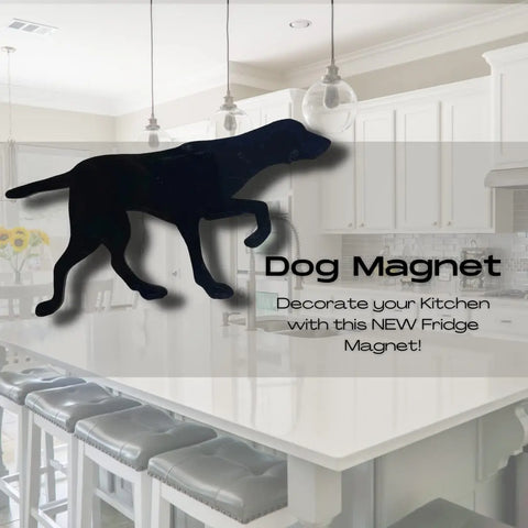 The English Pointer Dog Fridge Magnet in black by Chatelet Manufacturing is shown on a bright, modern kitchen fridge—ideal for dog lovers to decorate their space with this stylish refrigerator magnet!.