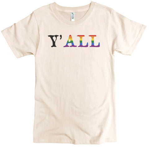 The Spiritex Equality Yall Graphic Tee (M) is a cream organic cotton crewneck with Y’ALL printed big—the Y in black and ALL in a rainbow gradient. Sensitive skin friendly, it shows bold, inclusive style.