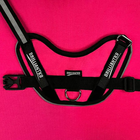 The BrilliantK9 Ergonomic Dog Harness for small dogs (10-20 lbs) by BrilliantK9, shown in black with reflective stripes, features a metal D-ring and plastic buckle against a bright pink background.