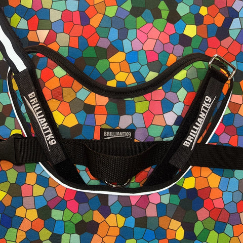 A close-up of the BrilliantK9 Ergonomic Dog Harness for small dogs (10-20 lbs) showcases its colorful mosaic pattern and brand name on black straps, set against a background of interlocking, multicolored shapes.