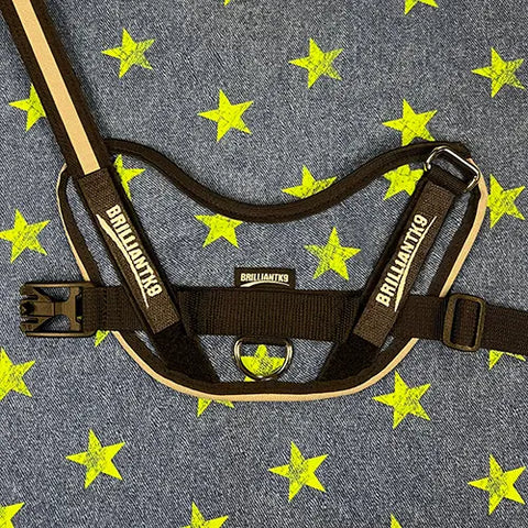 A BrilliantK9 Ergonomic Dog Harness for small dogs (10–20 lbs) by BrilliantK9, in black and tan, rests on gray denim decorated with bright yellow stars.