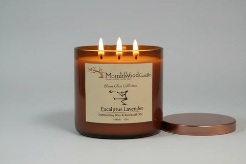 Eucalyptus Lavender-Soy 3-Wick Blown Glass Collection MorninWood Candles  3 Wick Candle
