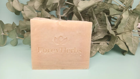 The Eucalyptus Lime Handmade Soap by Forev'Herbs is a light beige bar with a lotus flower logo, infused with natural fragrance oils for moisturizing, shown upright before green leaves on a pale blue background.