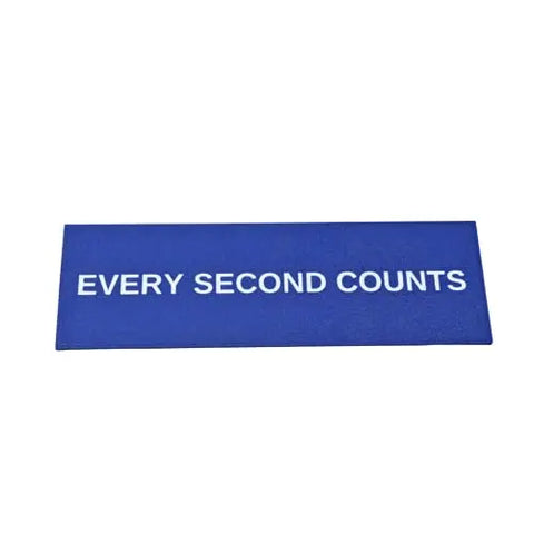 The Every Second Counts Wall Sign by Chatelet Manufacturing is a blue rectangular sign with white text—an inspirational kitchen decoration and perfect kitchen wall decor inspired by The Bear wall sign.