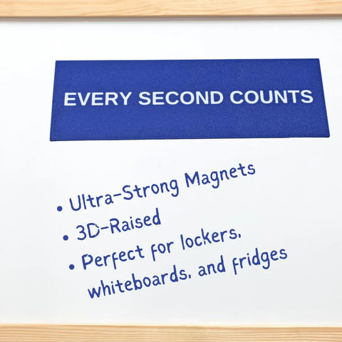 The Every Second Counts Fridge Magnet by Chatelet Manufacturing features a blue rectangle with the motto EVERY SECOND COUNTS. Crafted in the USA, it boasts ultra-strong magnets, a 3D-raised design, and suits lockers, whiteboards, and fridges.