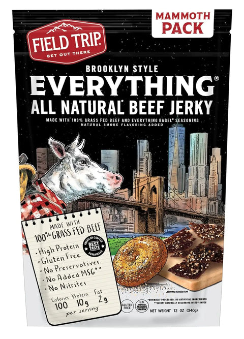 Field Trip Everything Bagel Beef Jerky 12oz is a gluten-free, high-protein snack with no preservatives, inspired by the Brooklyn bagel.
