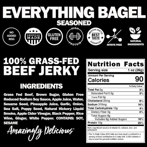 Field Trip’s Everything Bagel Beef Jerky 12oz features a black and white label with nutrition facts, ingredients, and icons for gluten free jerky, no added MSG, high protein, nitrite free, and natural ingredients.