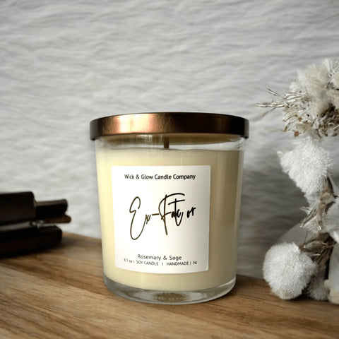 Ex-Factor Soy Wax Candle 8.5 oz – Aromatherapy Home Fragrance with Rosemary Sage Bergamot | Handmade in USA Wick and Glow Candle Company™  Candles