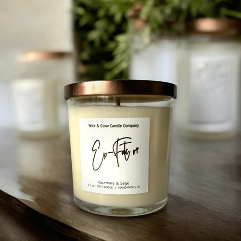 Ex-Factor Soy Wax Candle 8.5 oz – Aromatherapy Home Fragrance with Rosemary Sage Bergamot | Handmade in USA Wick and Glow Candle Company™  Candles
