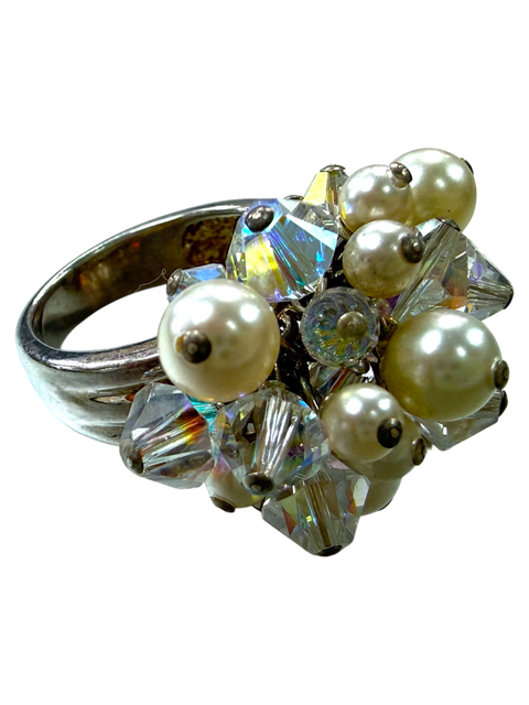 Exclusive Pearl And Austrian Crystal Cluster Ring 23.5x19mm – Size 7 Sterling Silver Band | Made In USA Michelle Marie Boutique  Rings