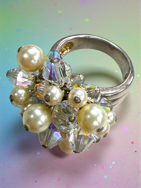 Exclusive Pearl And Austrian Crystal Cluster Ring 23.5x19mm – Size 7 Sterling Silver Band | Made In USA Michelle Marie Boutique  Rings